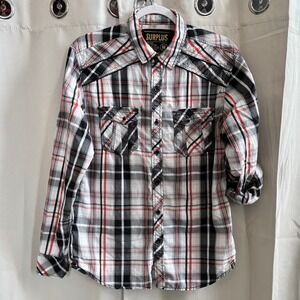 Surplus Western Mens Button Up Shirt Plaid Flap Pockets Long Sleeve Medium 19747